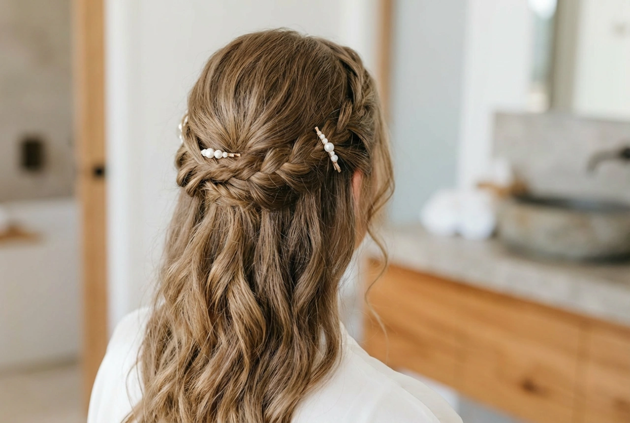 Delikatna fryzura romantyczna: miękkie fale, luźne warkocze i spinki