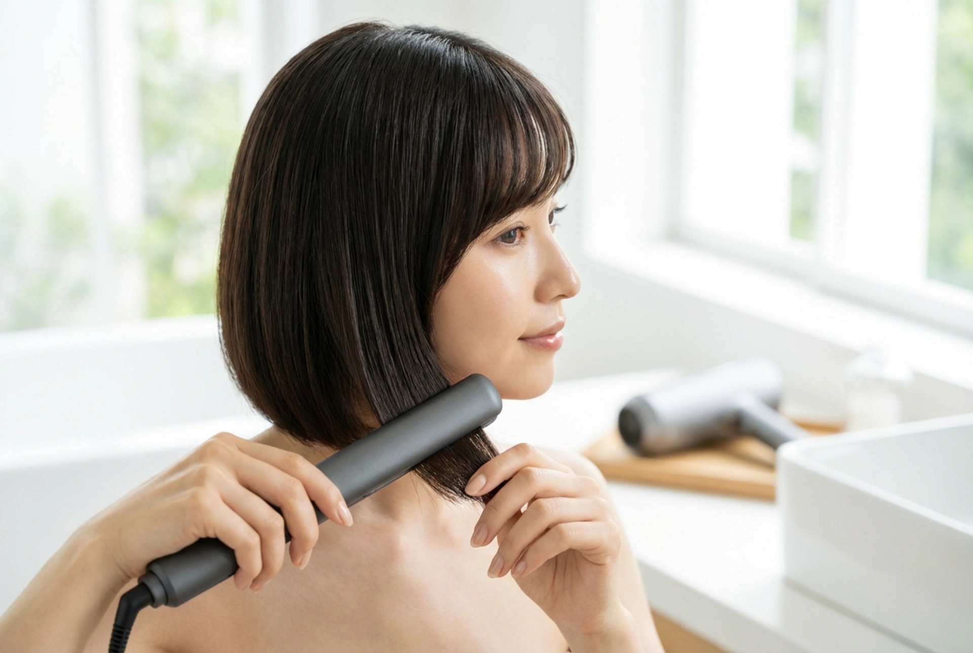 Fryzura bob z grzywką na skos: suszenie, prostowanie, utrwalenie