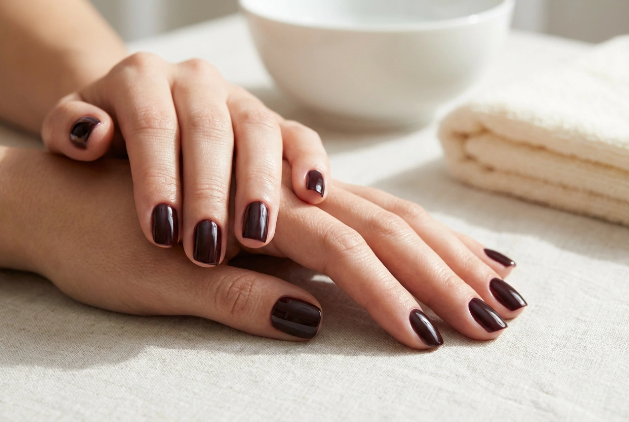 Ciemne paznokcie hybrydowe: czyste linie przy skórkach i głębia koloru