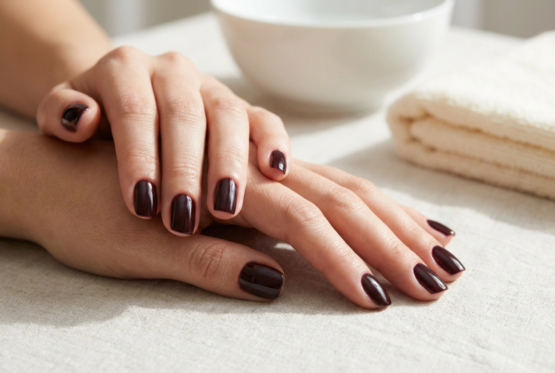 Ciemne paznokcie hybrydowe: czyste linie przy skórkach i głębia koloru