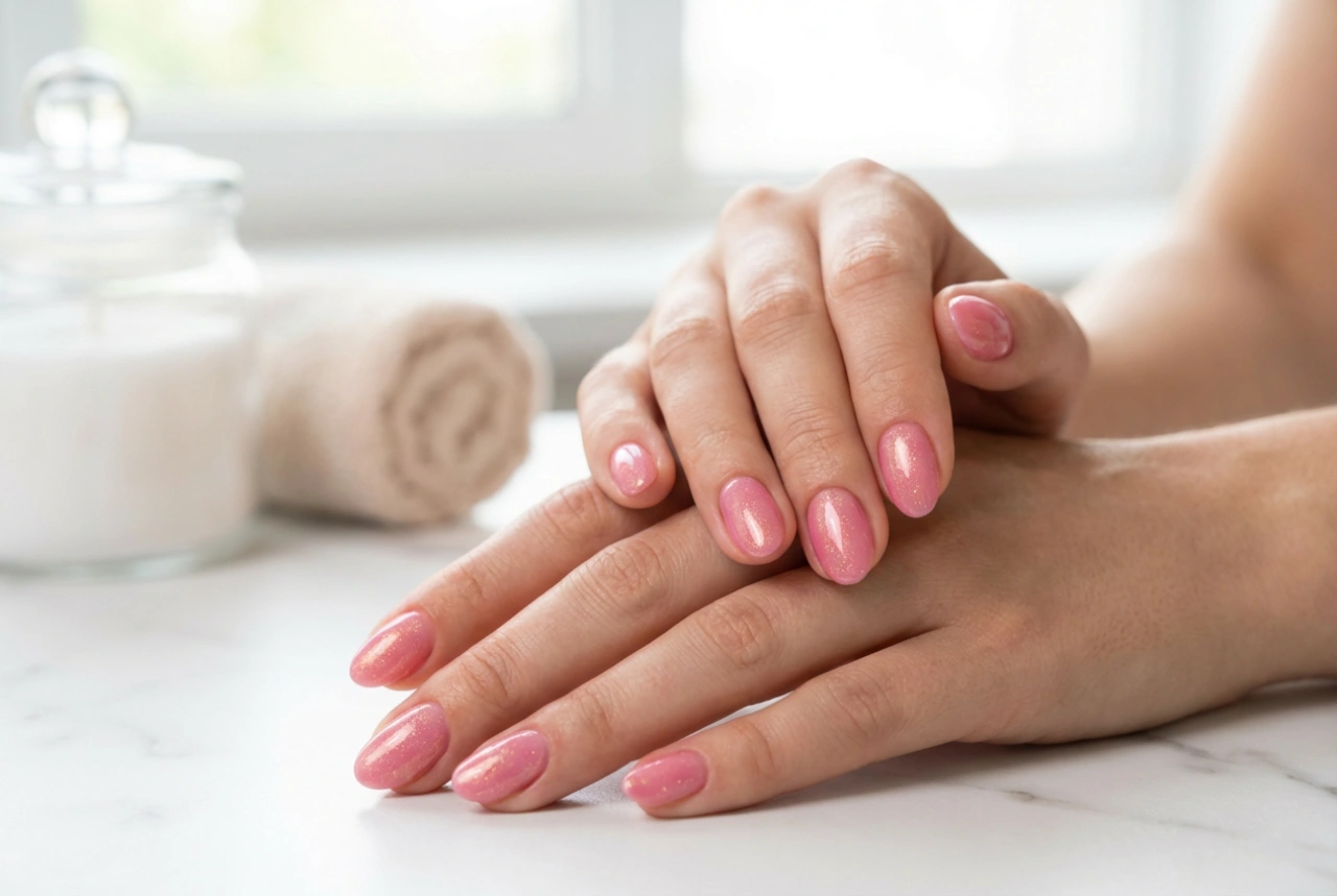 Hybryda różowa z drobinkami: równomierne krycie, błysk i trwałość