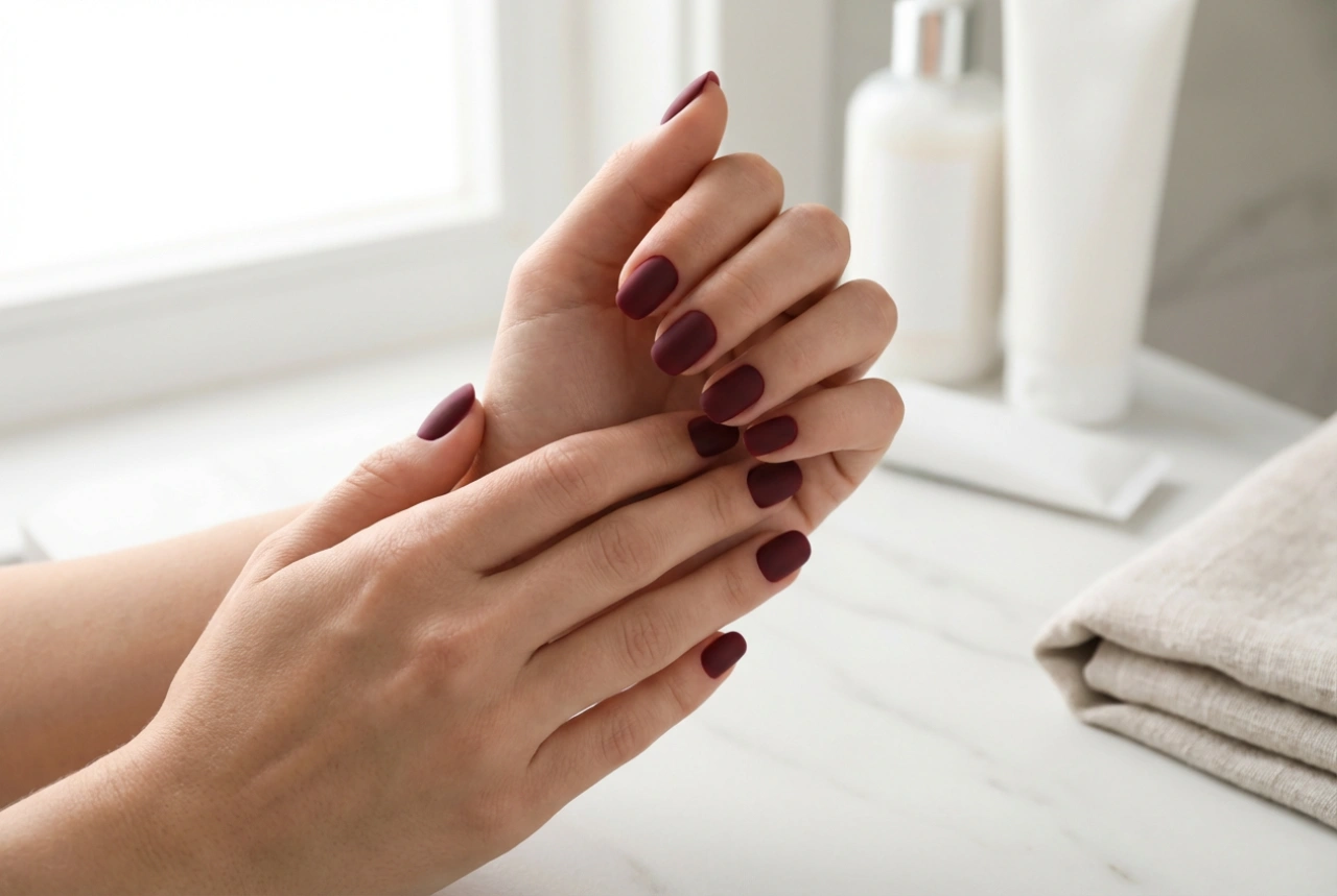 Matowe bordowe paznokcie: jak uniknąć smug i odcisków