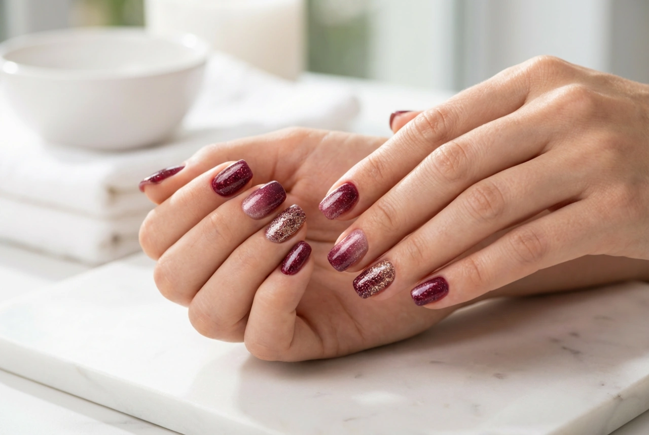 Bordowe paznokcie z brokatem: inspiracje na efektowny manicure