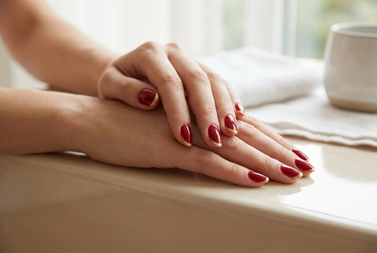 Złoty french na czerwonych paznokciach: idealny uśmiech linii