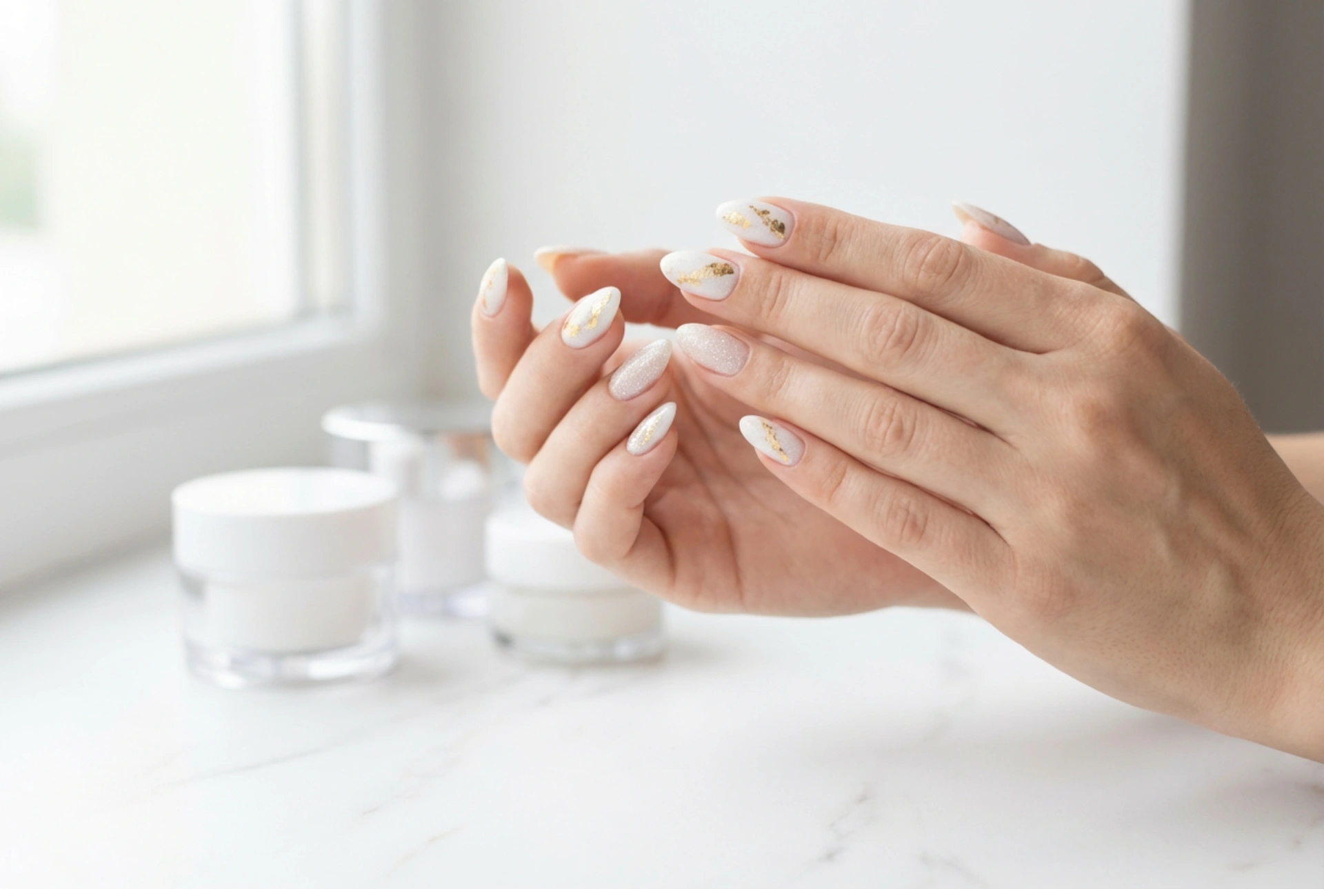 Paznokcie biało-złote: elegancki manicure z folią i brokatem