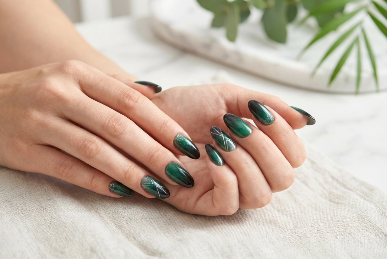 Paznokcie czarno-zielone: smokey ombre, szklany pyłek i geometryczne linie