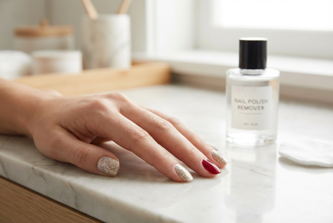 Paznokcie brokatowe: pełne krycie, akcent na jeden paznokieć i zmywanie