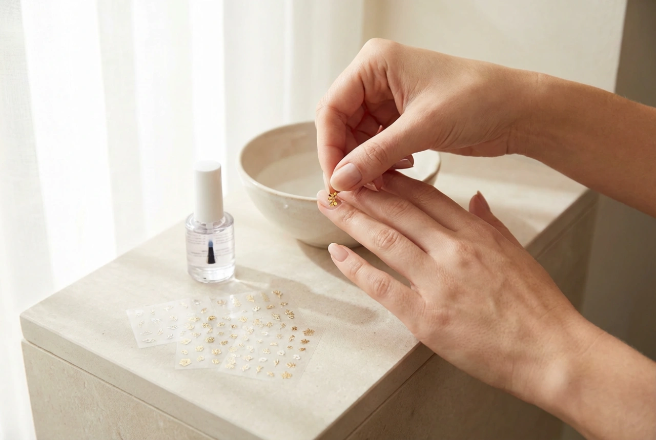 Naklejki na paznokcie hybrydowe: rodzaje, aplikacja i zabezpieczenie topem