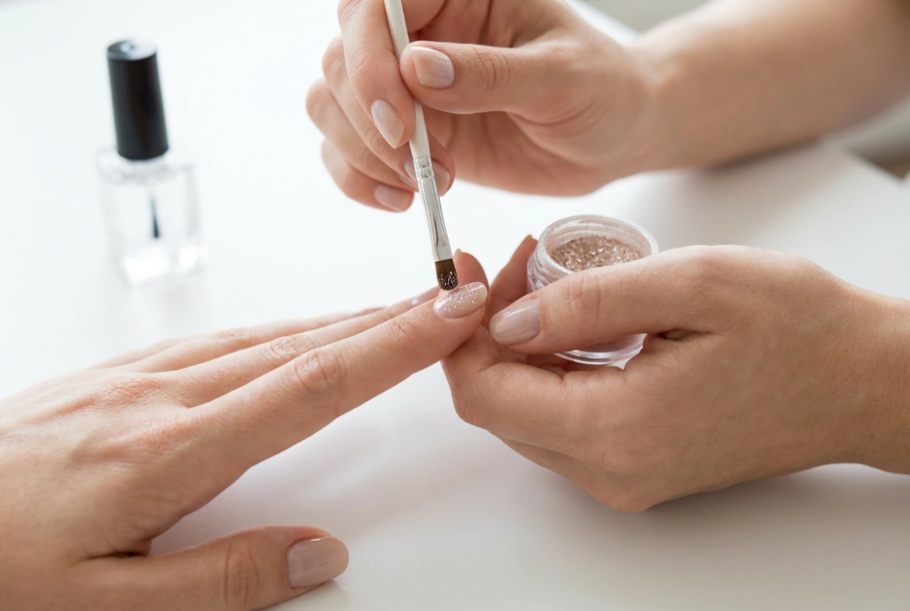 Pyłki na paznokciach: techniki wcierania, utrwalenie i topy